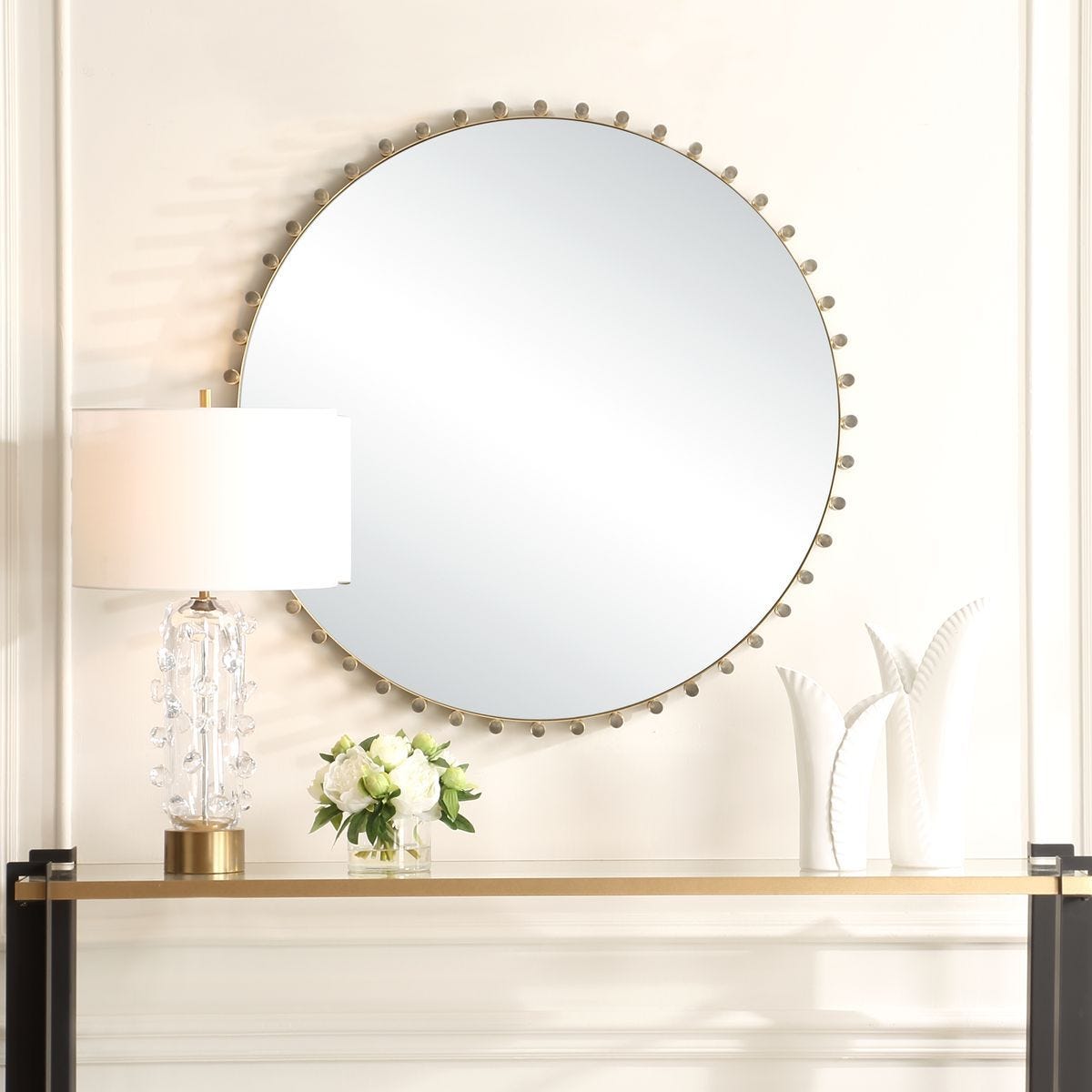 Avelyne Round Mirror - perfect for enhancing light and creating a sense of space | Image 1 | InSTYLE Home & Rugs