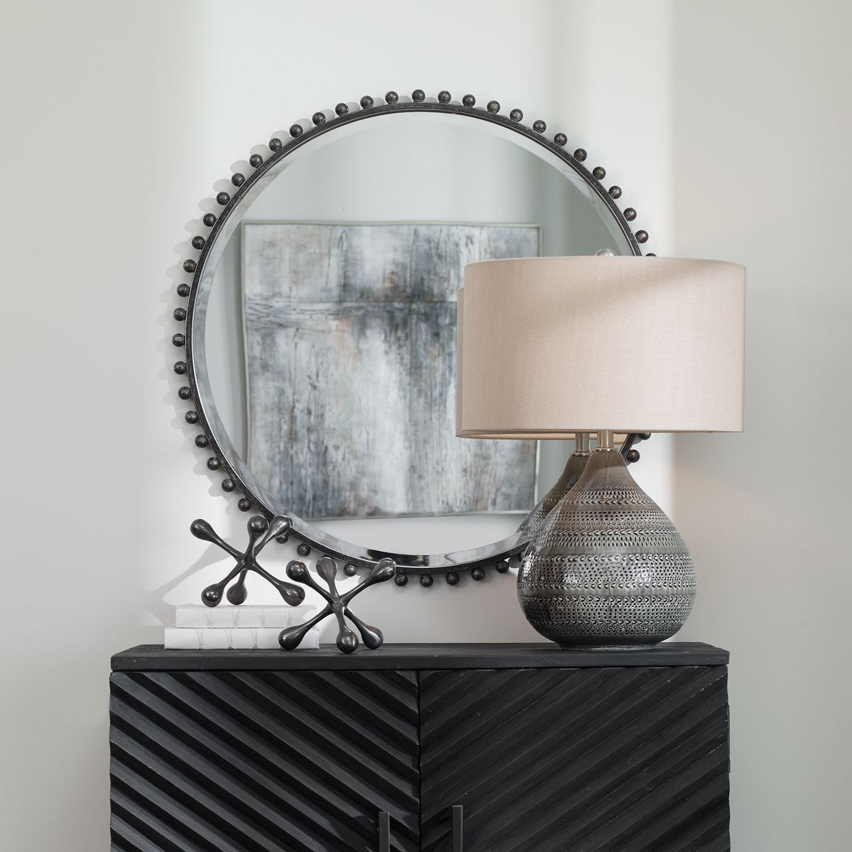 Taza Round Mirror, Distressed Black - modern mirror with sleek design for contemporary interiors | Image 1 | InSTYLE Home & Rugs