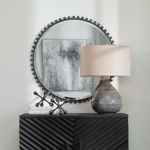 Taza Round Mirror, Distressed Black - modern mirror with sleek design for contemporary interiors | Image 1 | InSTYLE Home & Rugs