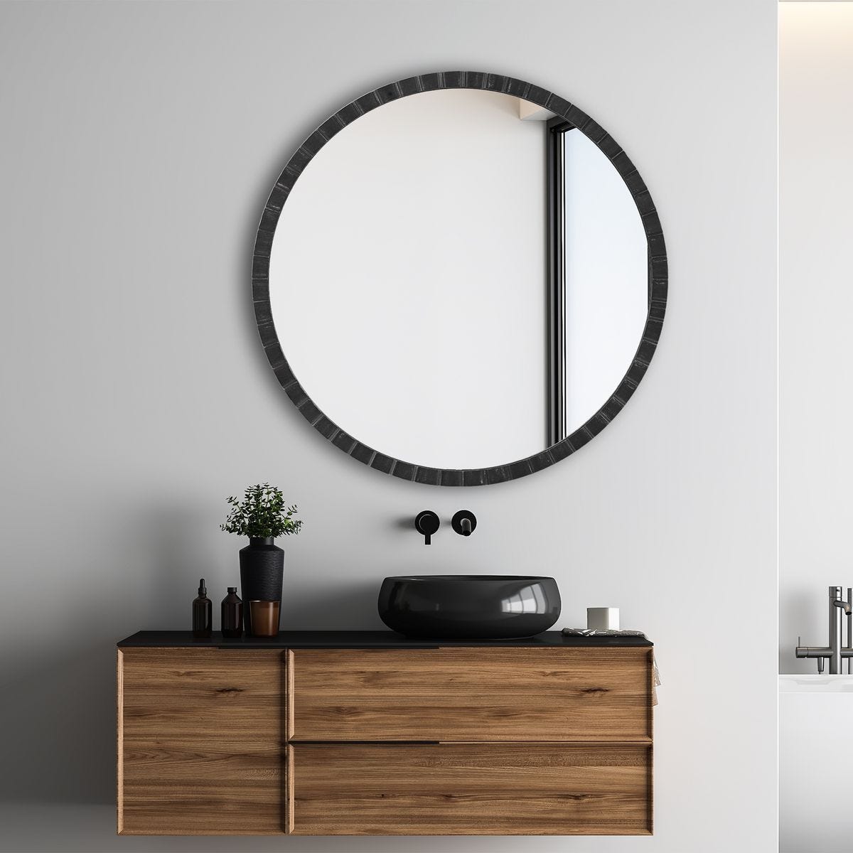 Dandridge Round Mirror, Black - modern mirror with sleek design for contemporary interiors | Image 1 | InSTYLE Home & Rugs