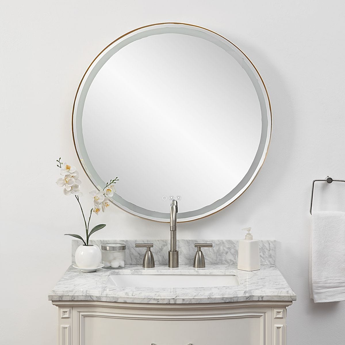 Crofton Lighted Round Mirror, Brass - elegant mirror for adding style and light to any room | Image 1 | InSTYLE Home & Rugs