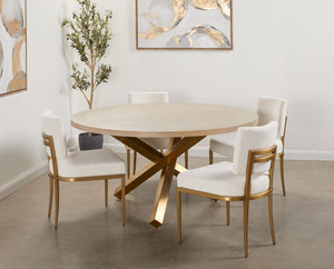 RODNEY Gold Dining Table Oak Veneer Top Brushed Gold Legs - modern gold & oak wood-top table | Image 2 | InSTYLE Home & Rugs