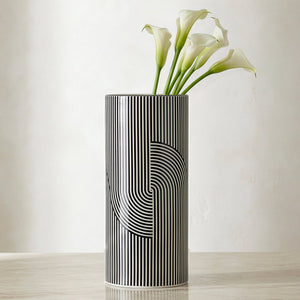 Monochrome Linear Curve Ceramic 12 Inch Tall Cylinder Vase - elegant vase for adding a touch of style to any room | Image 2 | InSTYLE Home & Rugs