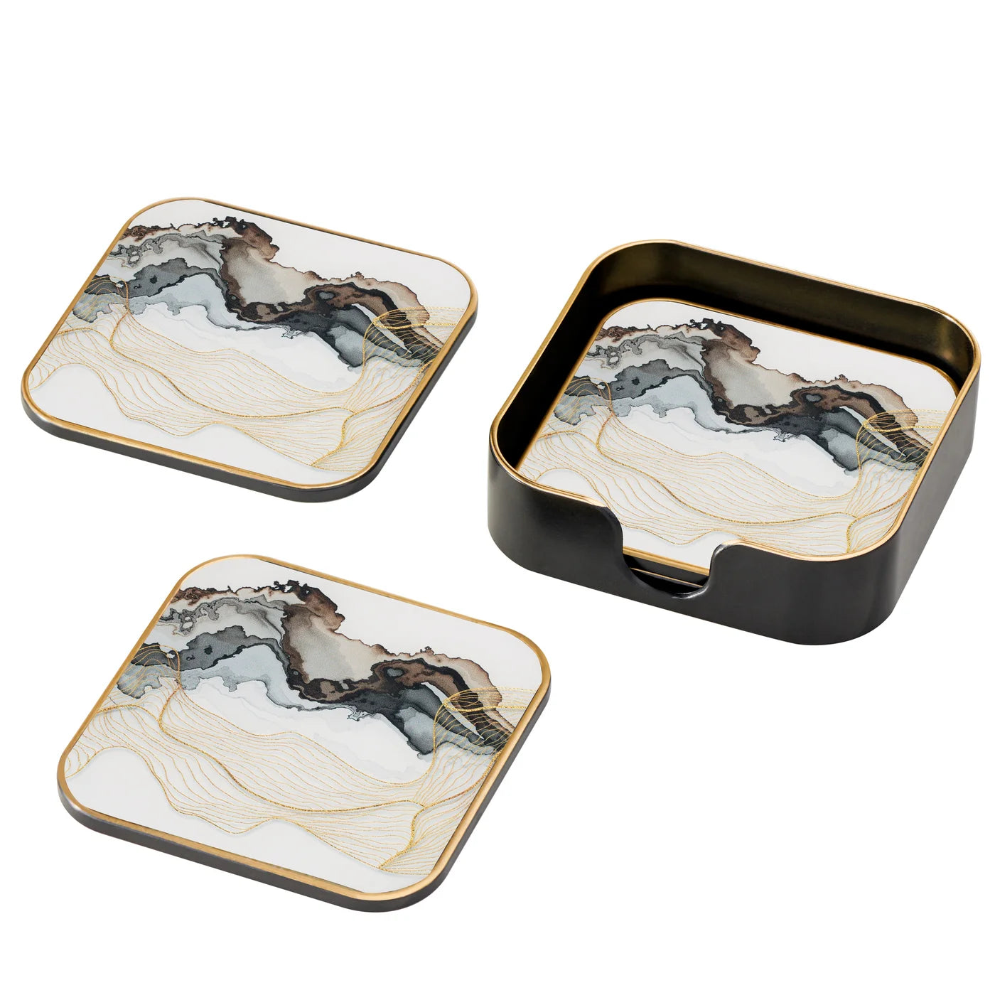 Savoy Gold Trim 4 Piece Square Coaster Set - White Marble