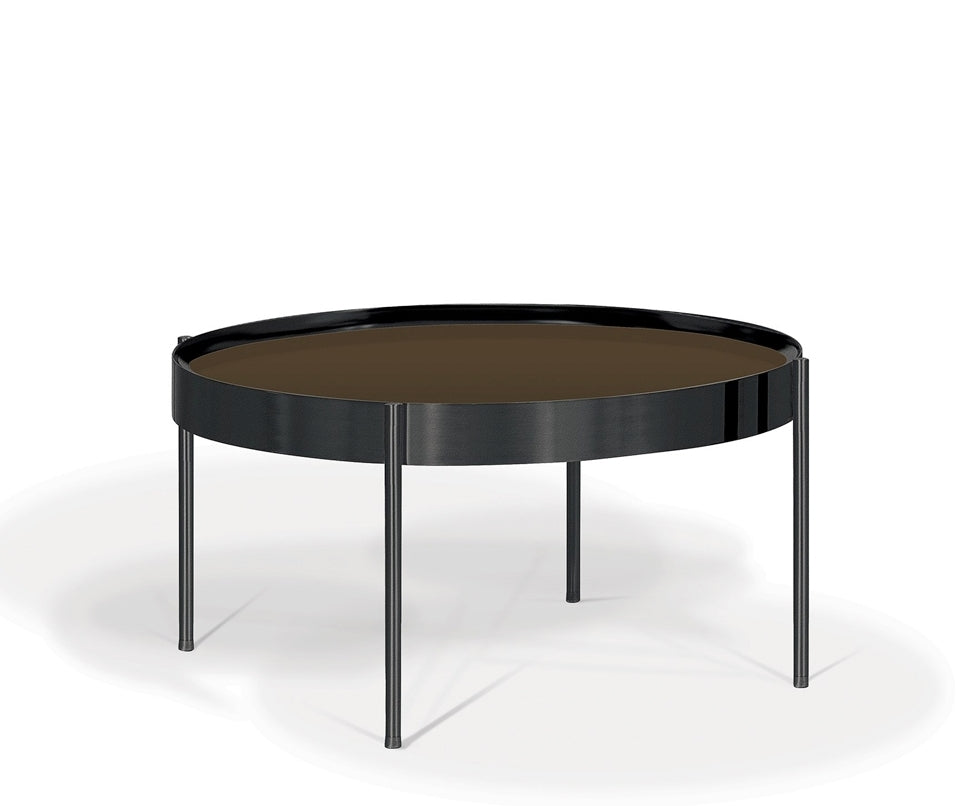 Round coffee table with black rim and brown top on a white background