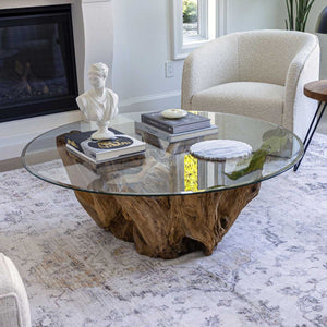 Natura Round Root Coffee Table — Teak Root with Glass Top - upcycled teak-root coffee table with a tempered glass top | Image 6 | InSTYLE Home & Rugs