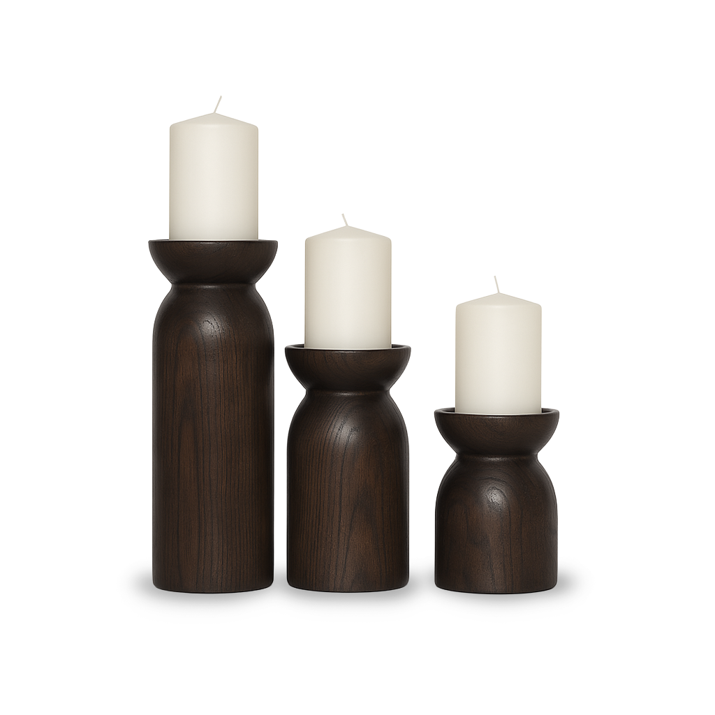 Fawn set of three pillar candle holders in smoked chestnut rubberwood | InSTYLE Home & Rugs