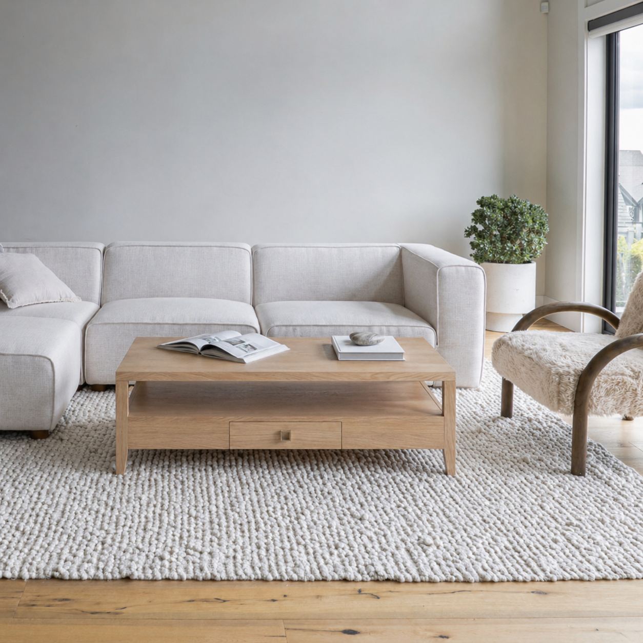 Hara Coffee Table in natural oak with drawer and brushed gold hardware | InSTYLE Home & Rugs