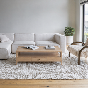 Hara Coffee Table in natural oak with drawer and brushed gold hardware | InSTYLE Home & Rugs