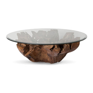 Natura Round Root Coffee Table — Teak Root with Glass Top - upcycled teak-root coffee table with a tempered glass top | Image 2 | InSTYLE Home & Rugs