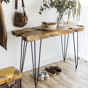 Natura Hairpin Console Table — Solid Teak with Hairpin Legs - live-edge solid teak console with mid-century hairpin legs | Image 3 | InSTYLE Home & Rugs
