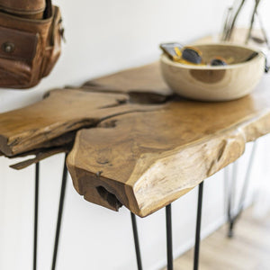 Natura Hairpin Console Table — Solid Teak with Hairpin Legs - live-edge solid teak console with mid-century hairpin legs | Image 6 | InSTYLE Home & Rugs