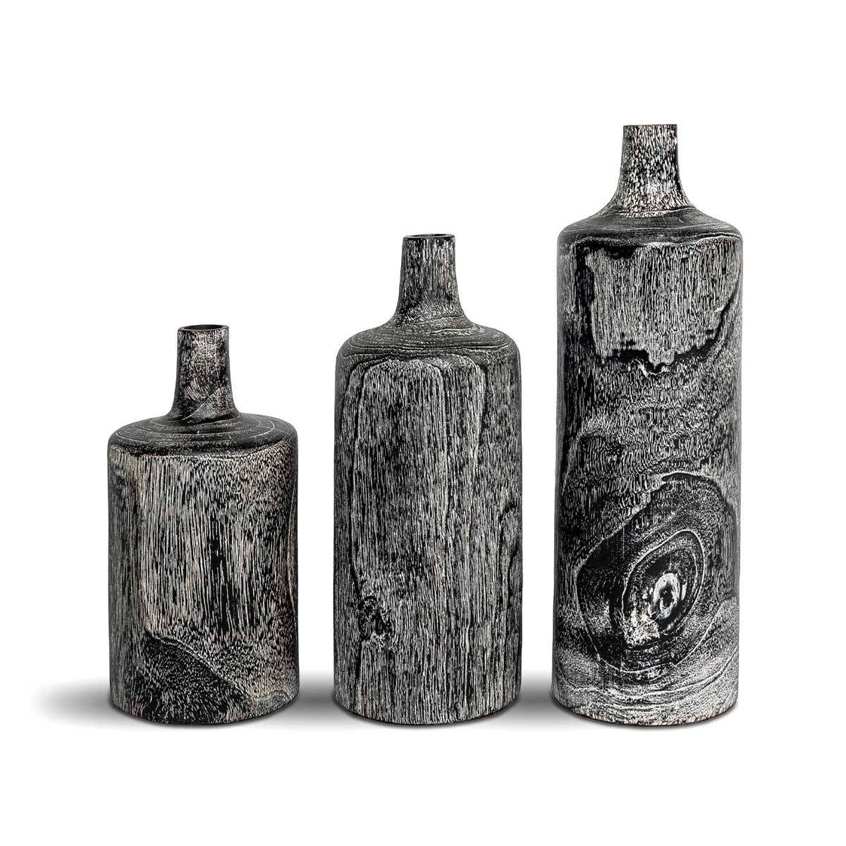 Natura Harper set of three solid teak vases in burnt black | InSTYLE Home & Rugs