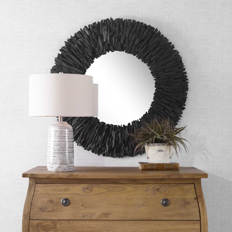 Teak Branch Round Mirror, Black - modern mirror with sleek design for contemporary interiors | Image 1 | InSTYLE Home & Rugs