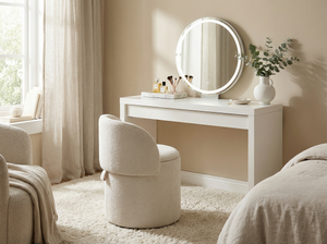 JULLIEN Storage Vanity Chair swivel Ivory Nubby Linen fabric | InSTYLE Home & Rugs