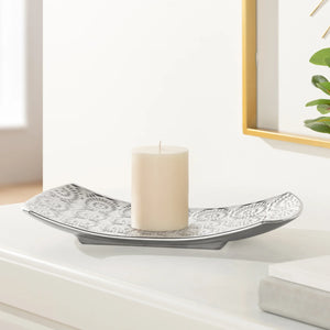 Clara Embossed Mandala Silver Ceramic 8x14.5" Platter - elegant candle holders to create a cozy ambiance | Image 2 | InSTYLE Home & Rugs
