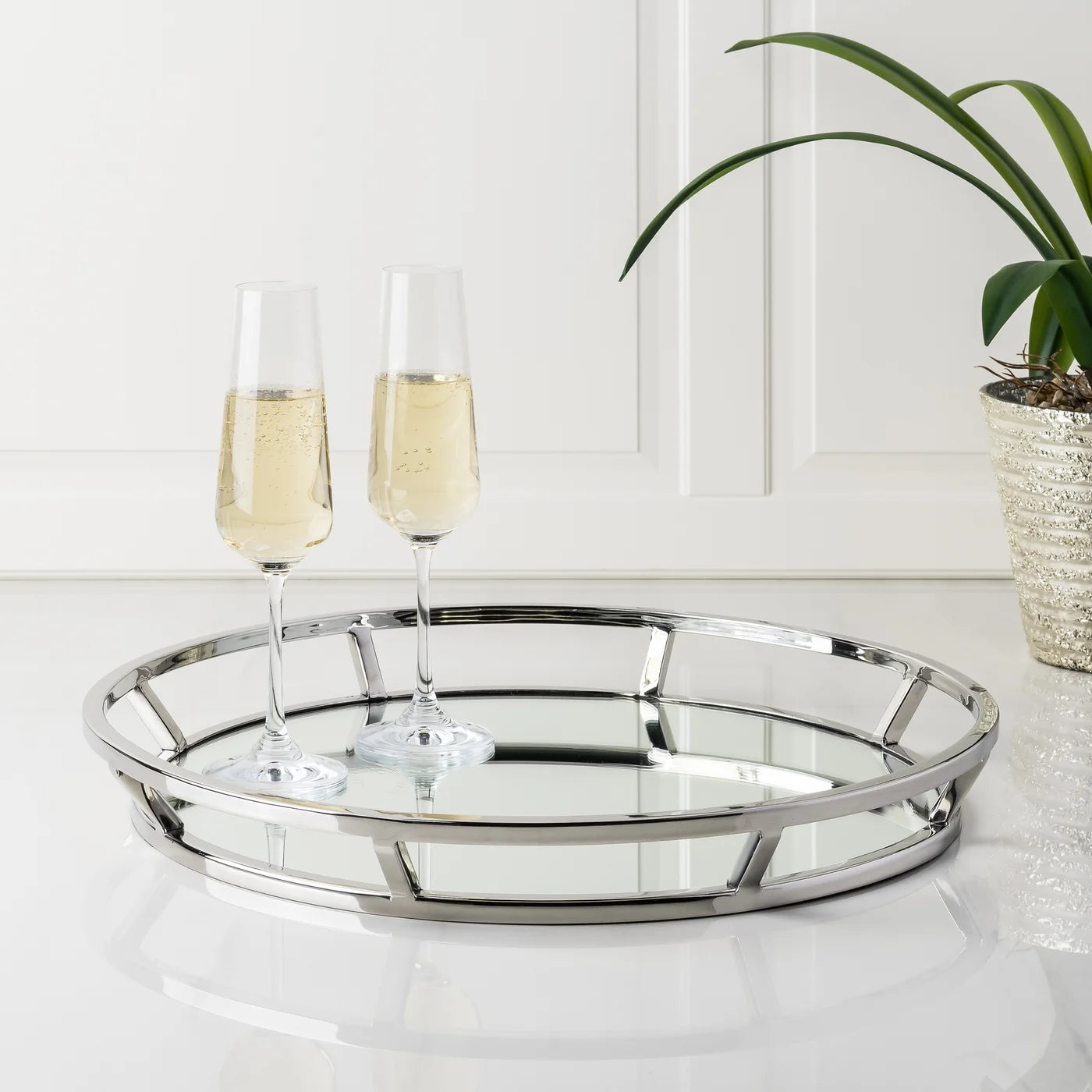 Lux Flared Round 16.5" Stainless Steel Mirror Tray - stylish tray to organize and display your favorite items | Image 2 | InSTYLE Home & Rugs