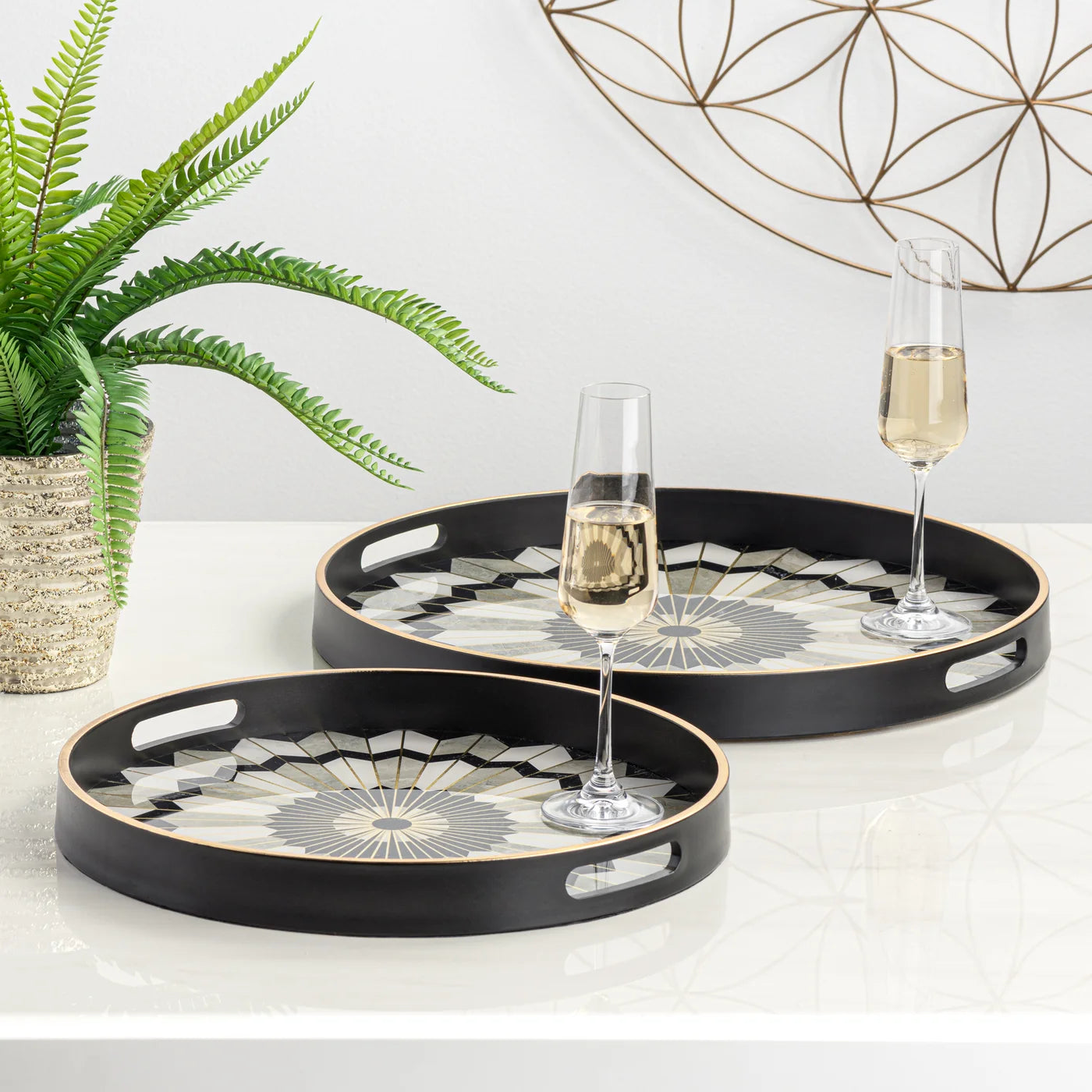 Savoy Gold Trim 2 Piece Round Tray Set - stylish tray to organize and display your favorite items | Image 1 | InSTYLE Home & Rugs