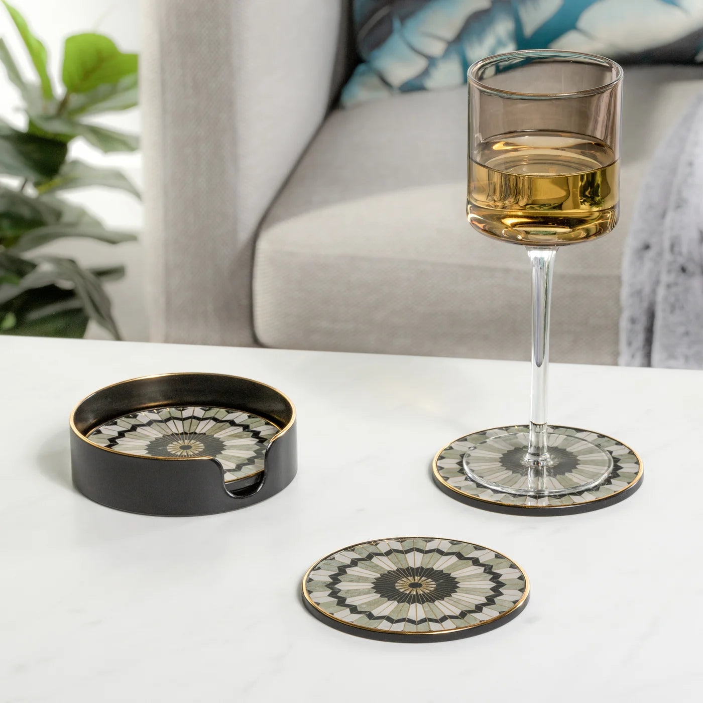 Savoy Gold Trim 4 Piece Round Coaster Set - stylish home accessories to complete your decor | Image 2 | InSTYLE Home & Rugs