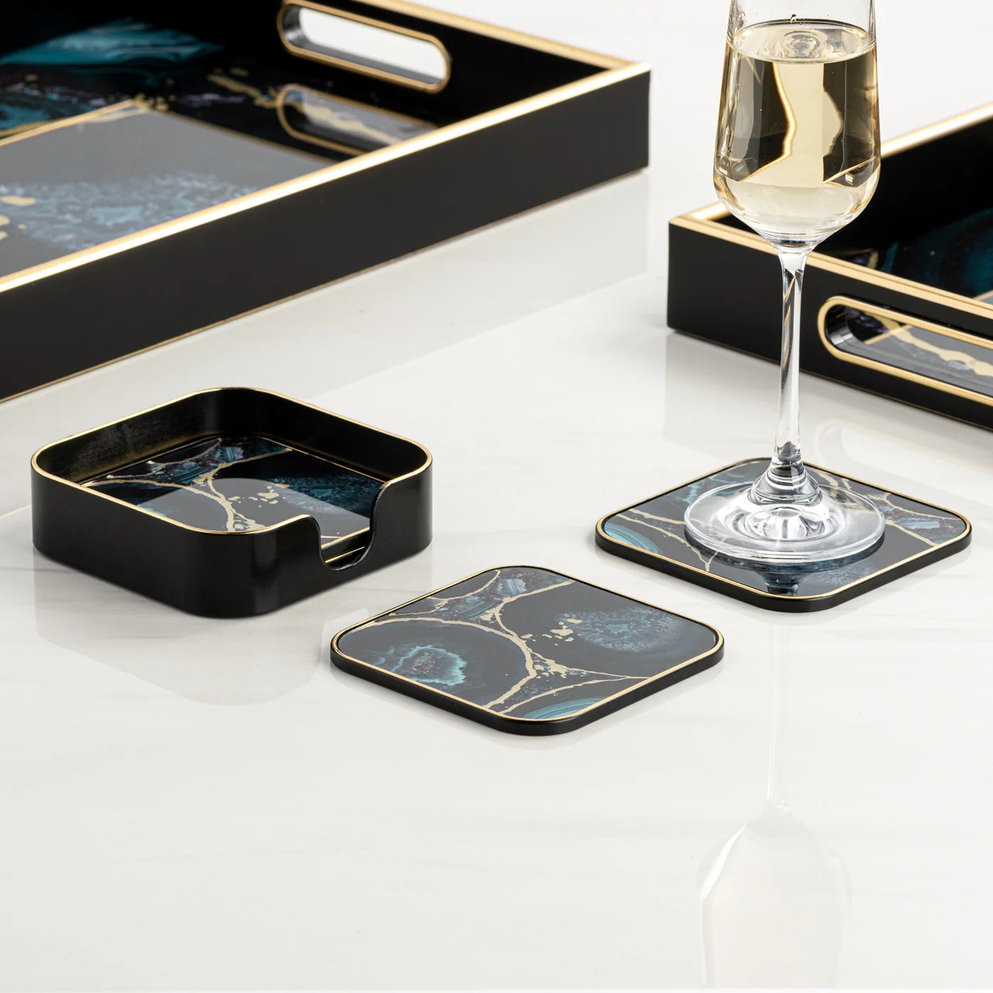 Savoy Gold Trim 4 Piece Square Coaster Set - modern accessories for a personalized living space | Image 2 | InSTYLE Home & Rugs