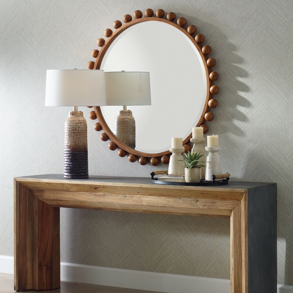 Cyra Wood Round Mirror, Walnut - perfect for enhancing light and creating a sense of space | Image 3 | InSTYLE Home & Rugs