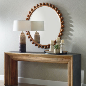 Cyra Wood Round Mirror, Walnut - perfect for enhancing light and creating a sense of space | Image 3 | InSTYLE Home & Rugs