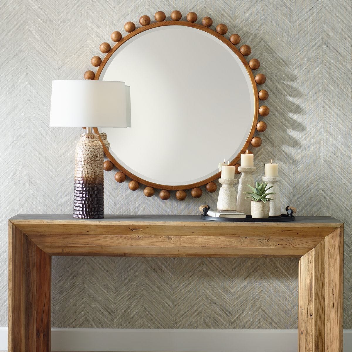 Cyra Wood Round Mirror, Walnut - perfect for enhancing light and creating a sense of space | Image 1 | InSTYLE Home & Rugs