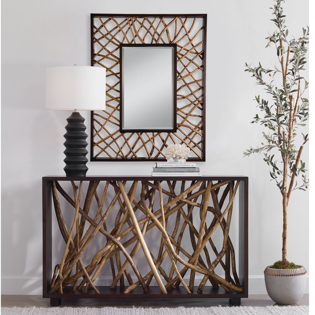 Teak Maze Rectangle Mirror - perfect for enhancing light and creating a sense of space | Image 1 | InSTYLE Home & Rugs