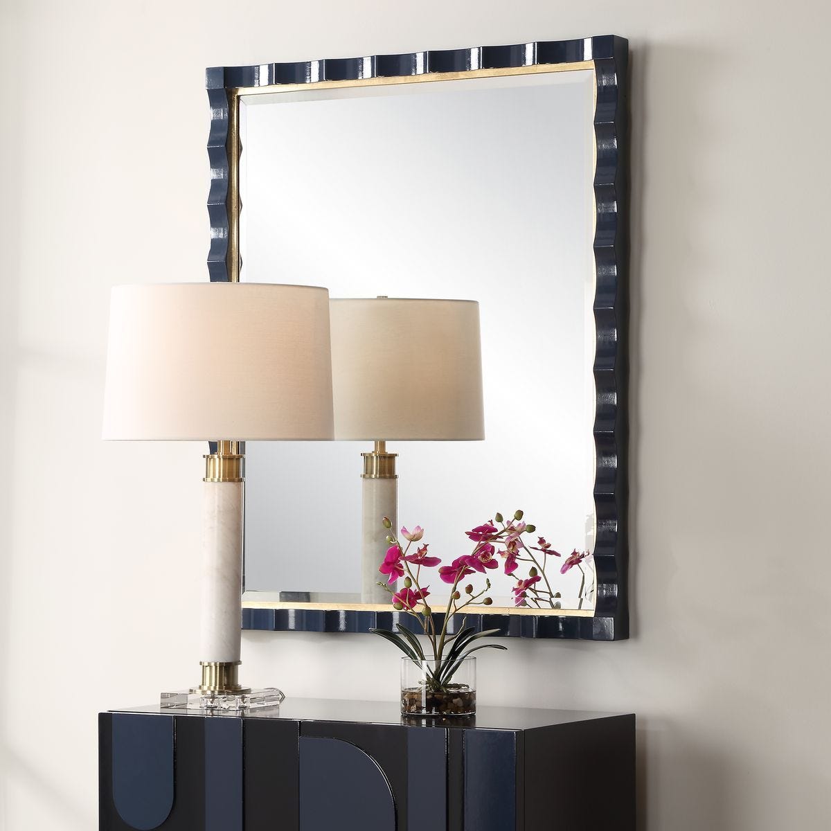 Gulf Mirror, Navy - perfect for enhancing light and creating a sense of space | Image 3 | InSTYLE Home & Rugs