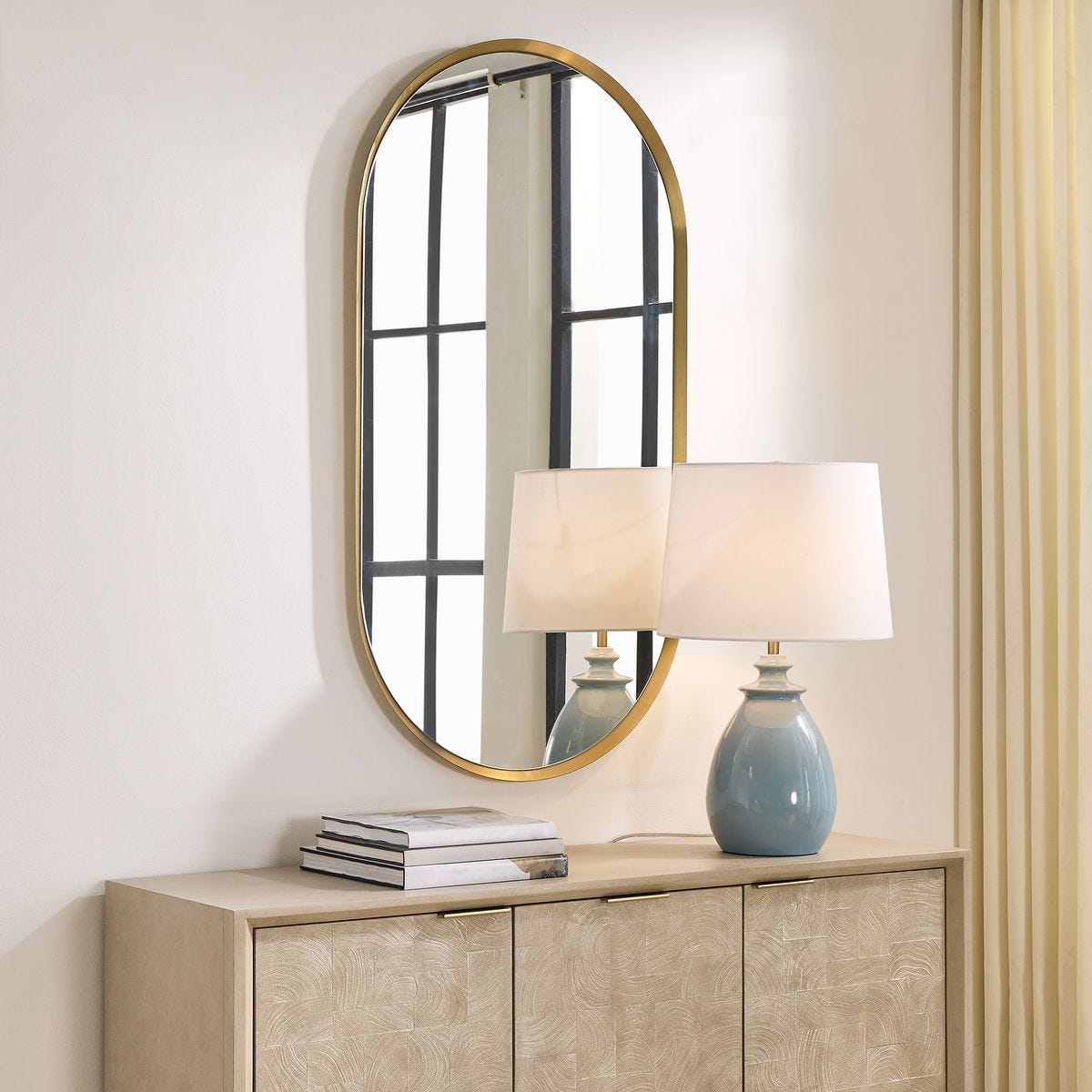 Torrado Oval Mirror, Brass - modern mirror with sleek design for contemporary interiors | Image 3 | InSTYLE Home & Rugs