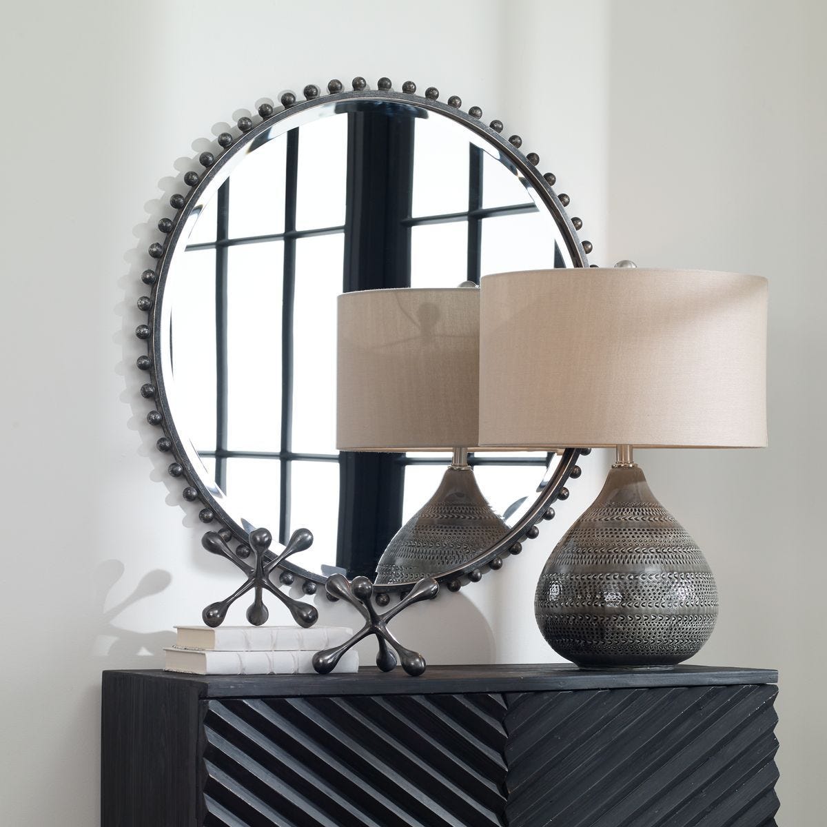 Taza Round Mirror, Distressed Black - modern mirror with sleek design for contemporary interiors | Image 5 | InSTYLE Home & Rugs