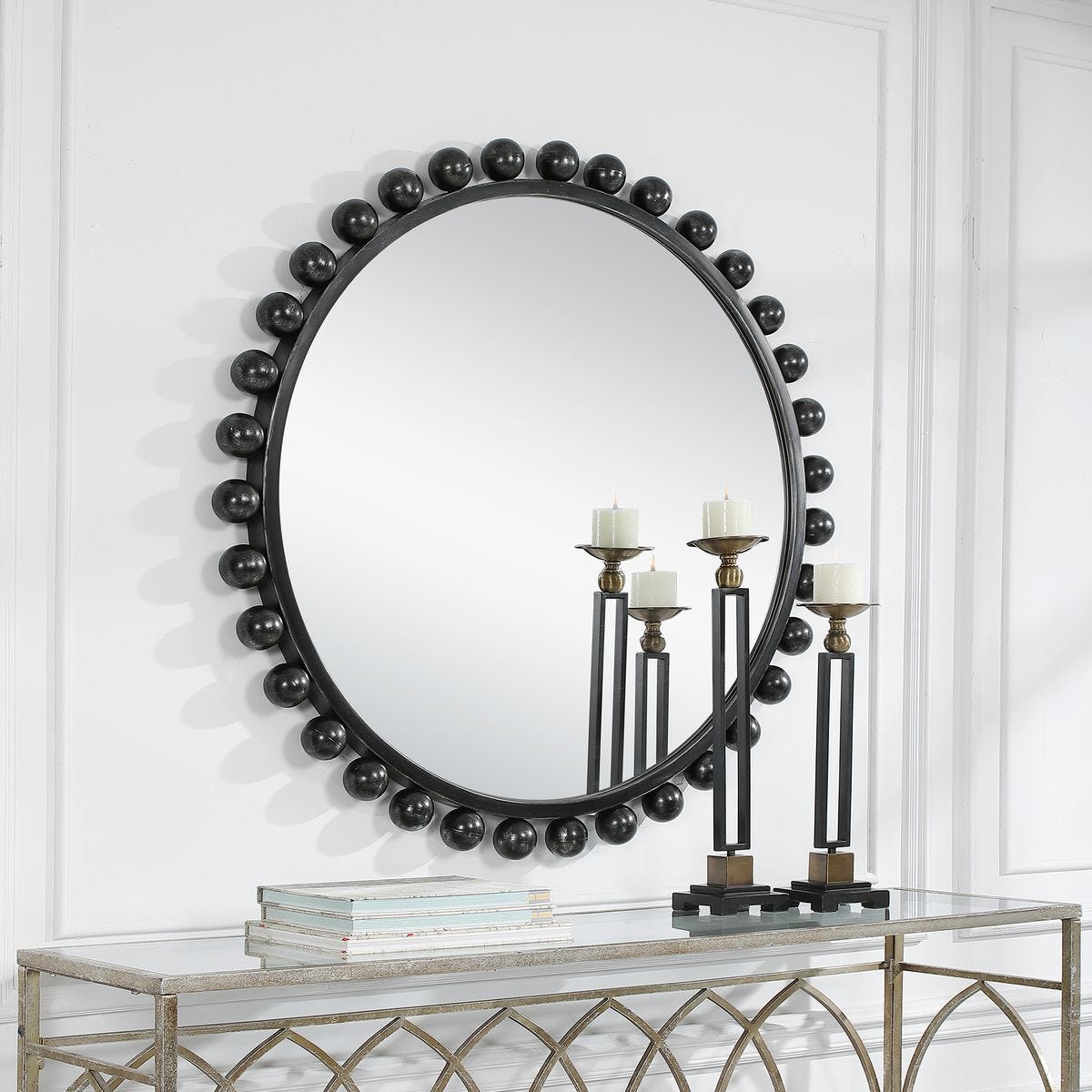 Cyra Round Mirror, Black - full-length mirror for creating the illusion of space and light | Image 8 | InSTYLE Home & Rugs