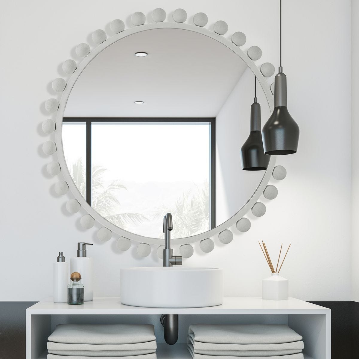 Cyra Round Mirror, White - elegant mirror for adding style and light to any room | Image 1 | InSTYLE Home & Rugs