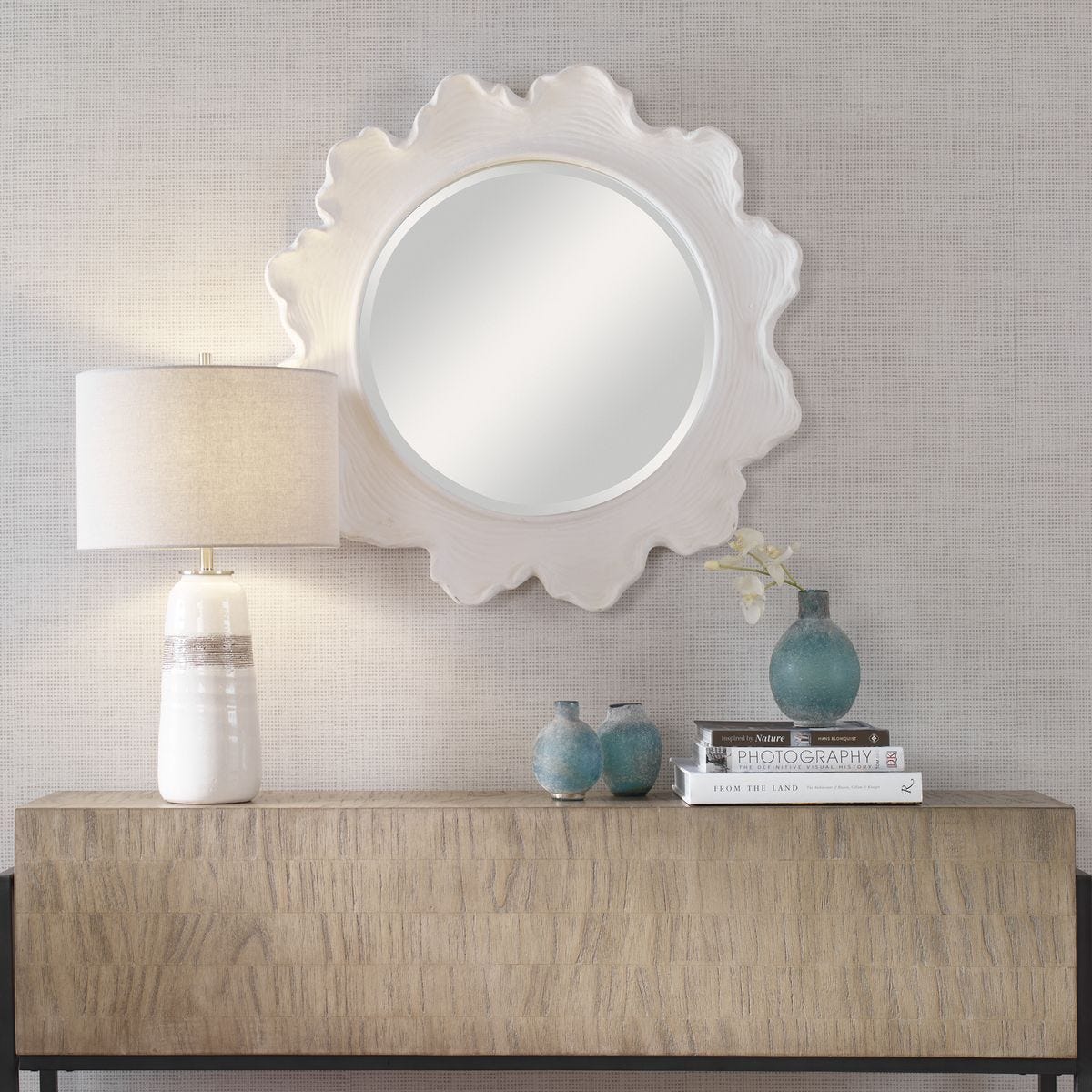 Sea Coral Round Mirror, White - full-length mirror for creating the illusion of space and light | Image 7 | InSTYLE Home & Rugs