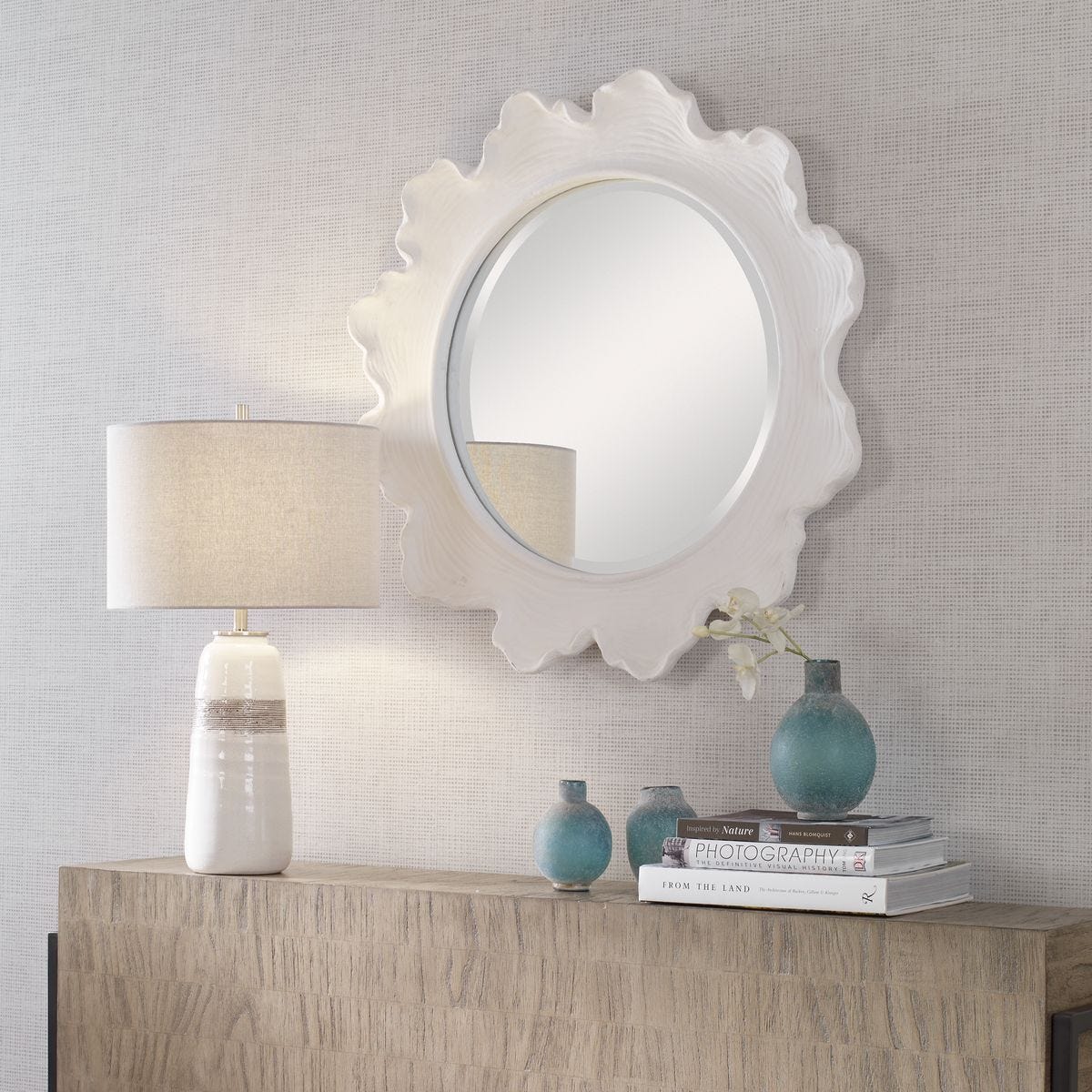 Sea Coral Round Mirror, White - full-length mirror for creating the illusion of space and light | Image 6 | InSTYLE Home & Rugs