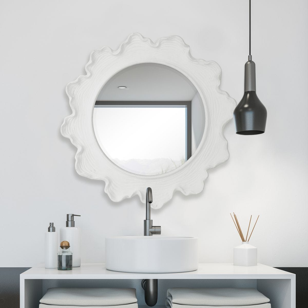 Sea Coral Round Mirror, White - full-length mirror for creating the illusion of space and light | Image 5 | InSTYLE Home & Rugs