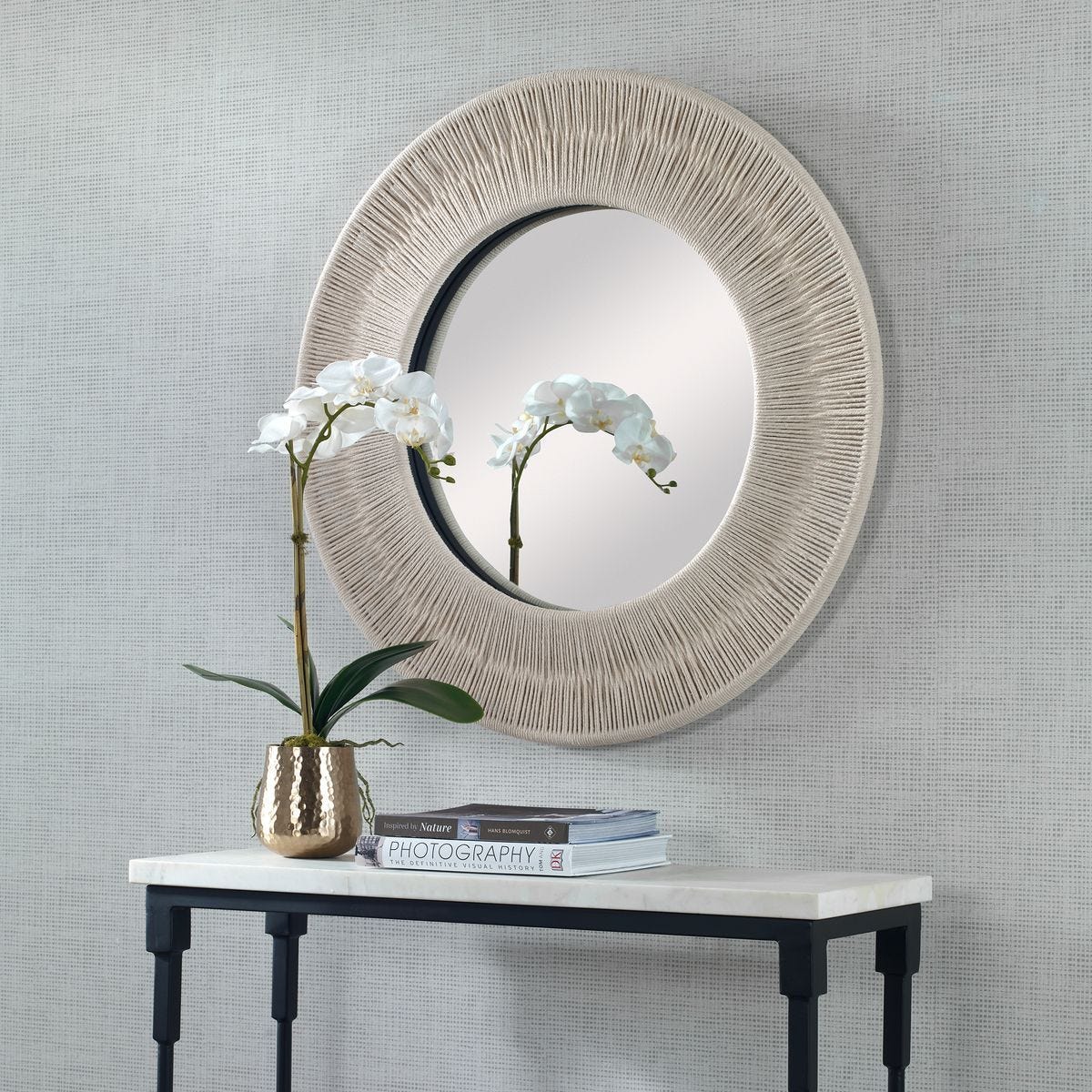 Sailor's Knot Small Round Mirror, White - modern mirror with sleek design for contemporary interiors | Image 1 | InSTYLE Home & Rugs