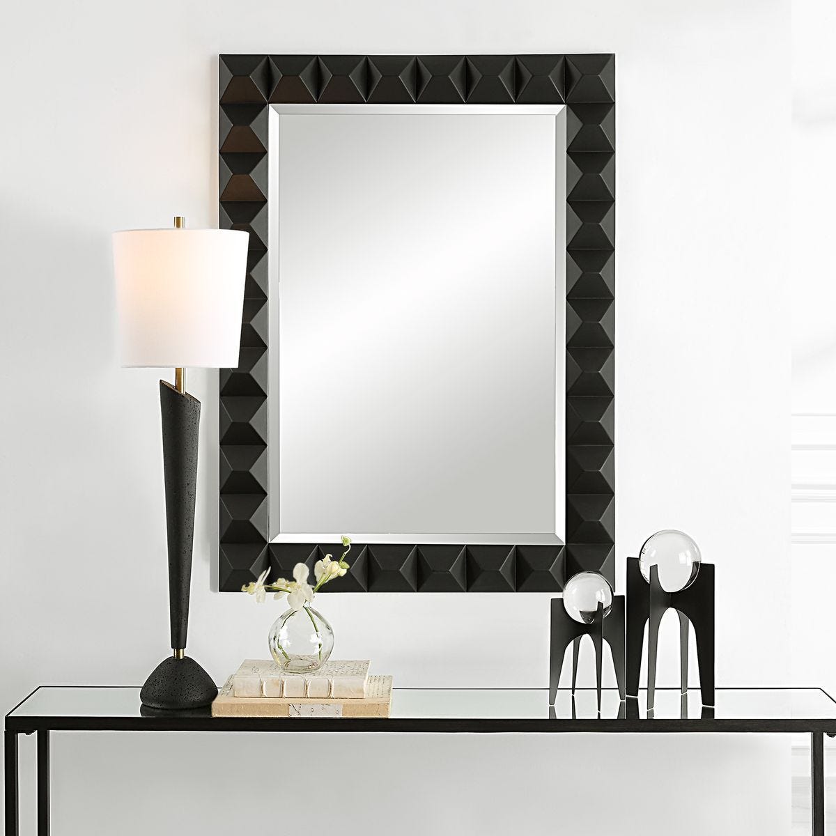 Studded Mirror, Black - elegant mirror for adding style and light to any room | Image 1 | InSTYLE Home & Rugs