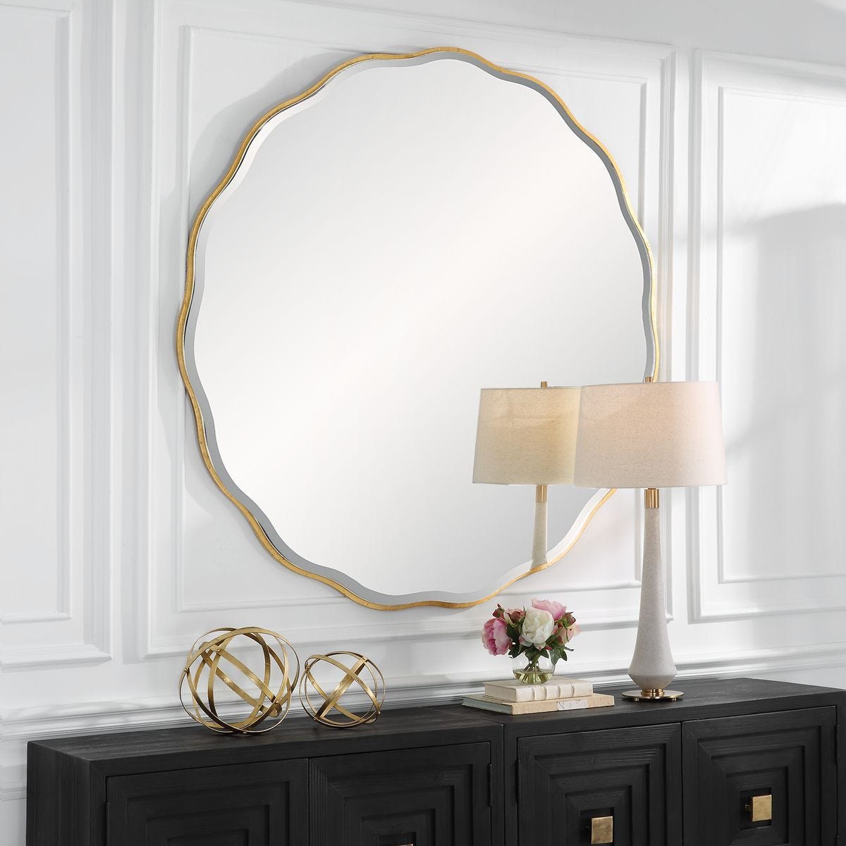 Aneta Large Round Mirror, Gold - elegant mirror for adding style and light to any room | Image 3 | InSTYLE Home & Rugs