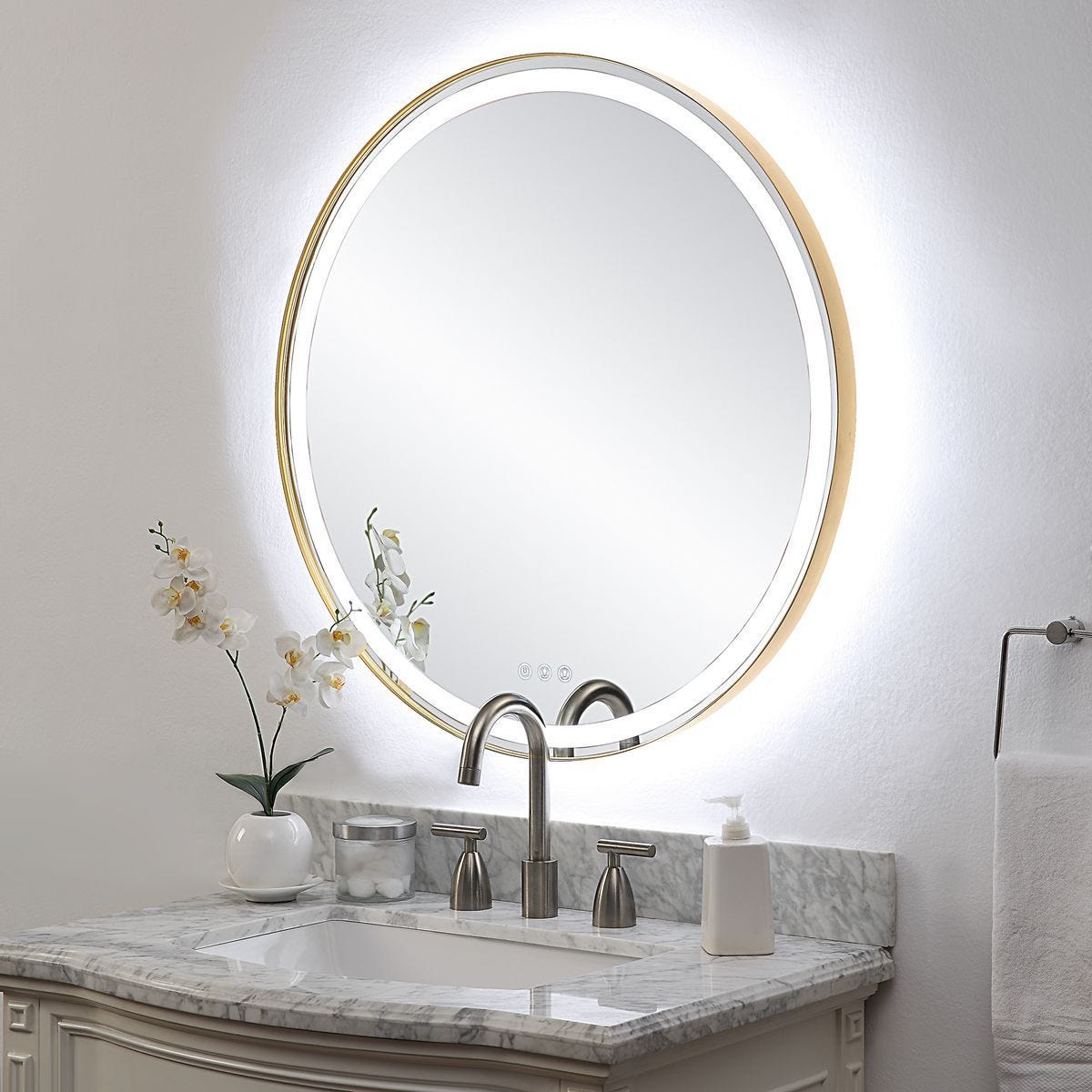 Crofton Lighted Round Mirror, Brass - elegant mirror for adding style and light to any room | Image 5 | InSTYLE Home & Rugs