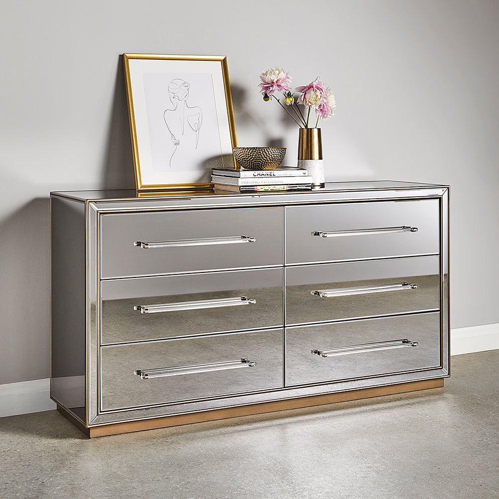 Mirrored 6 drawers chest GY-LG137-6 Antique Gold paint Frame grey mirror/soft closing rails - elegant drawers chest with ample space for clothes and accessories | Image 3 | InSTYLE Home & Rugs