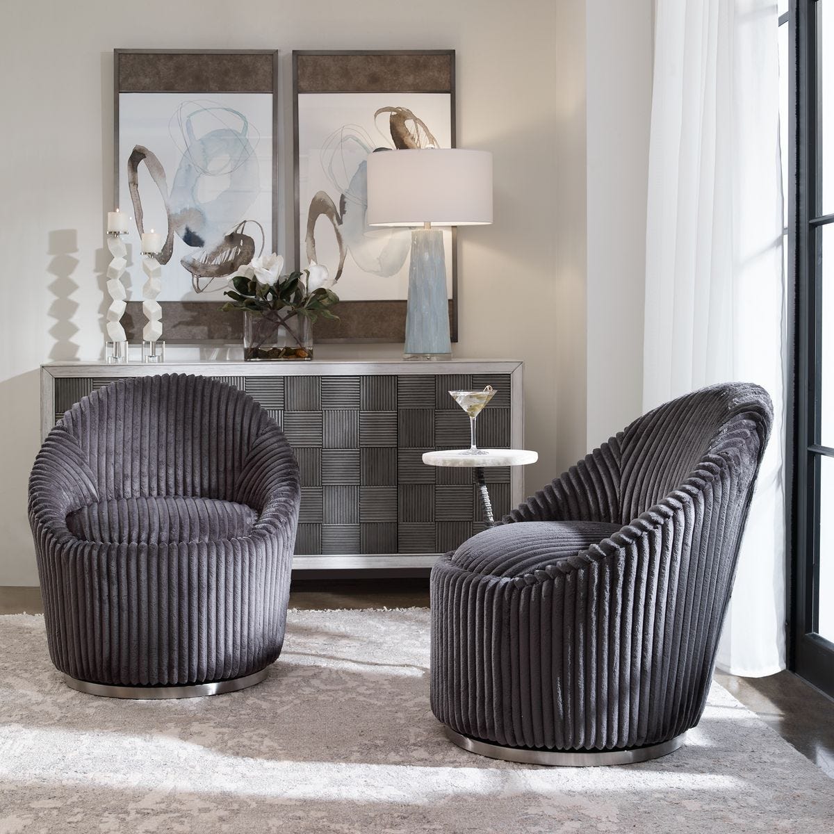 Crue Swivel Chair, Gunmetal - durable construction for long-lasting use | Image 1 | InSTYLE Home & Rugs