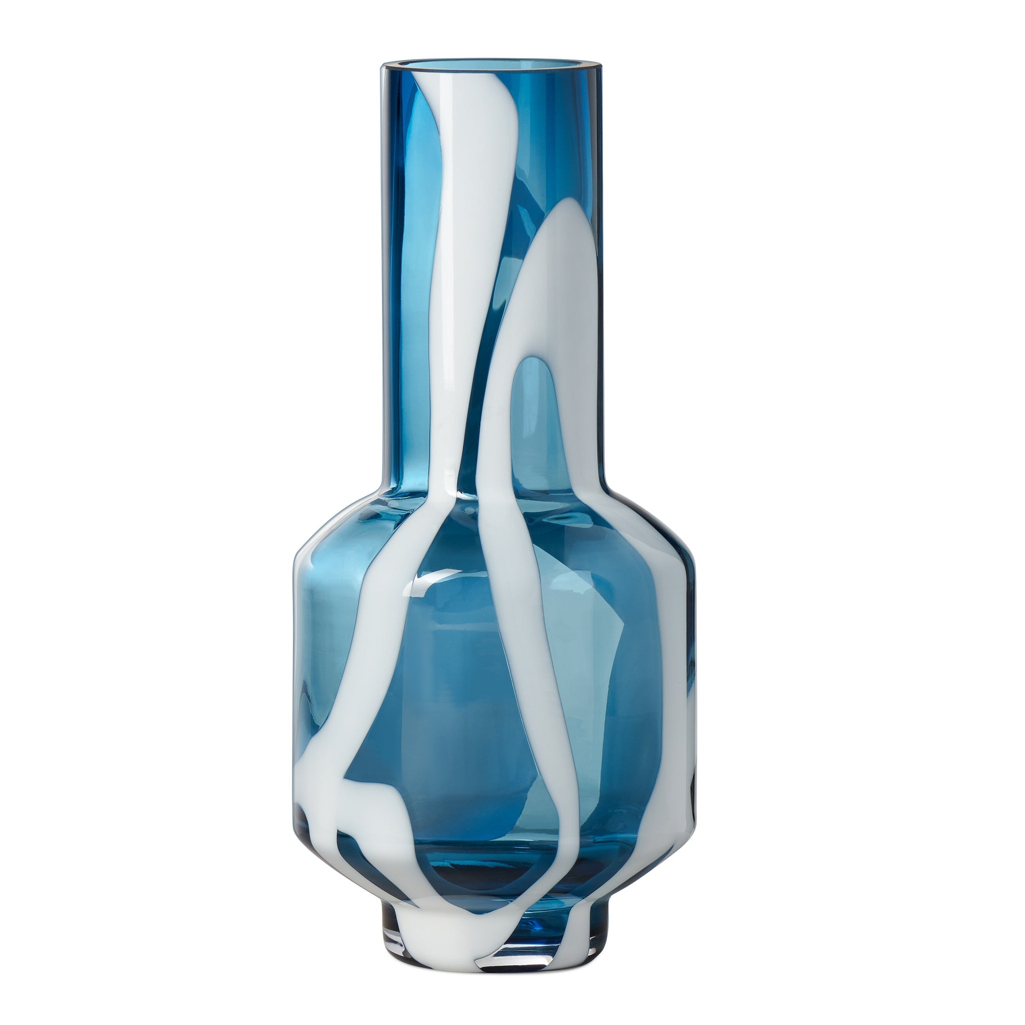 Fusion Abstract 12.5 Inch Tall White & Blue Glass Vase - modern vase with sleek design for floral arrangements | Image 1 | InSTYLE Home & Rugs