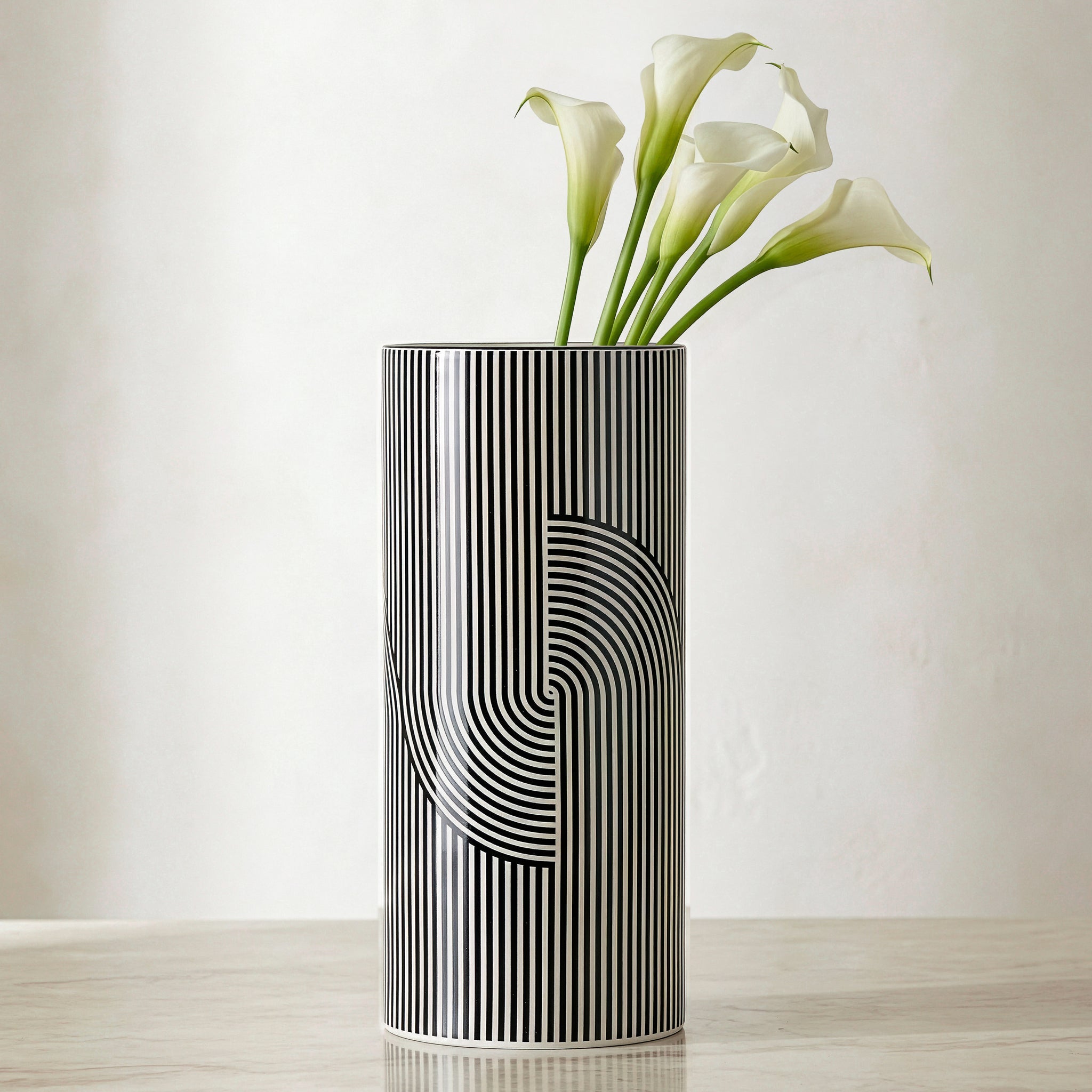 Monochrome Linear Curve Ceramic 12 Inch Tall Cylinder Vase - elegant vase for adding a touch of style to any room | Image 2 | InSTYLE Home & Rugs
