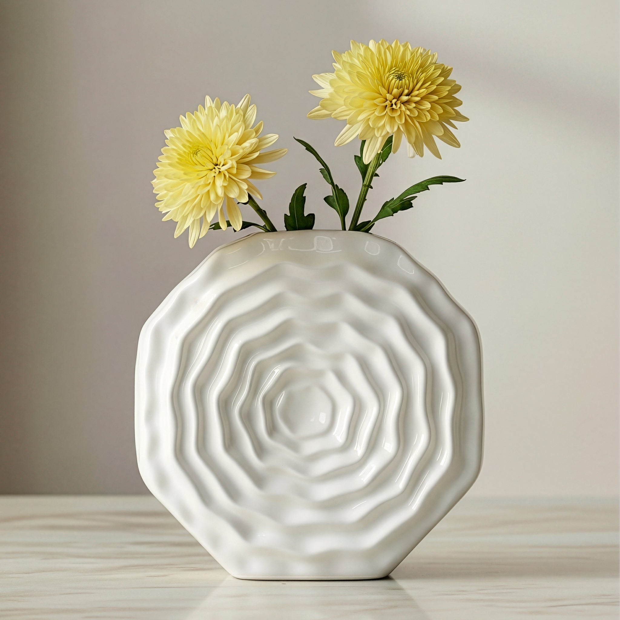 Rosette Bloom 8 Inch Tall White Ceramic Disc Vase - modern vase with sleek design for floral arrangements | Image 2 | InSTYLE Home & Rugs