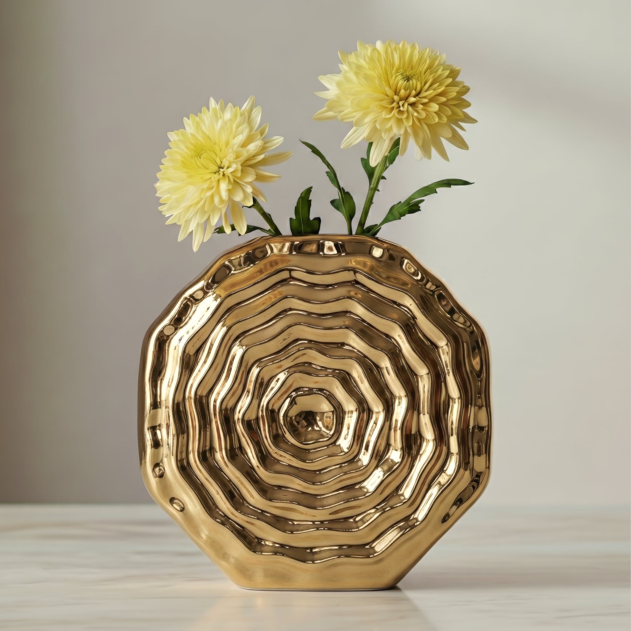 Rosette Bloom 8 Inch Tall Gold Ceramic Disc Vase - elegant vase for adding a touch of style to any room | Image 2 | InSTYLE Home & Rugs