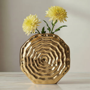 Rosette Bloom 8 Inch Tall Gold Ceramic Disc Vase - elegant vase for adding a touch of style to any room | Image 2 | InSTYLE Home & Rugs