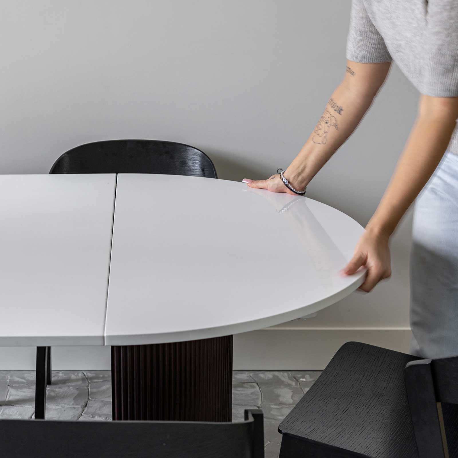 Avery Extension Dining Table — White High-Gloss Extension Table - white high-gloss extension dining table with ball-bearing leaf | Image 5 | InSTYLE Home & Rugs