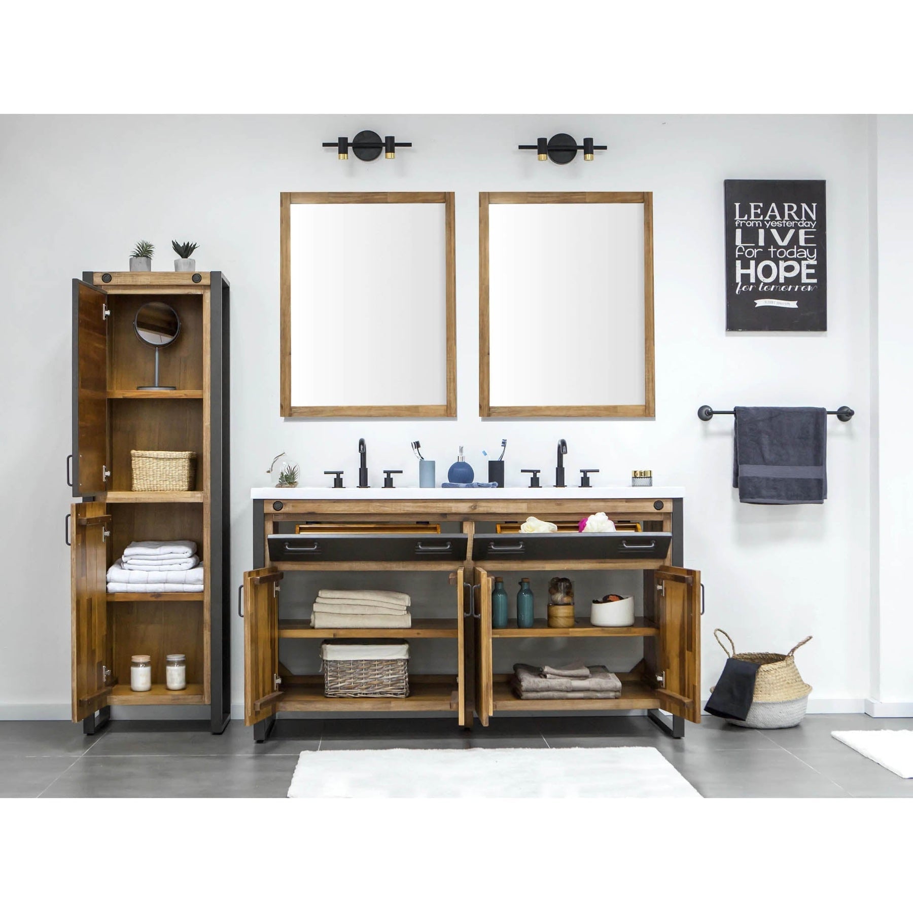 Irondale Vanity W61 in Solid Acacia Wood and Metal with White Basin - | Image 3 | InSTYLE Home & Rugs