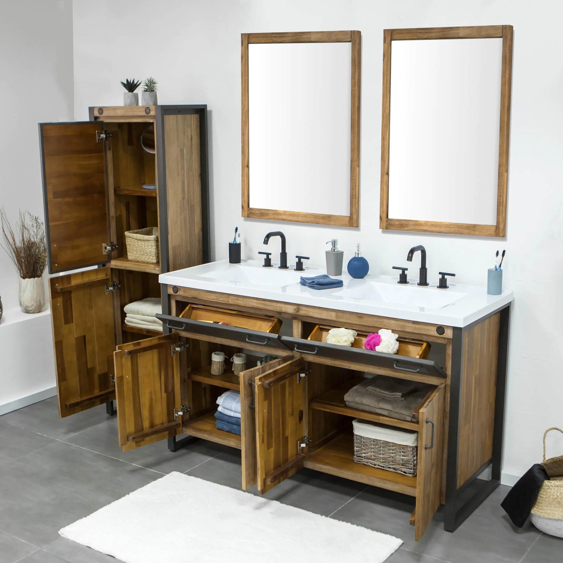 Irondale Vanity W61 in Solid Acacia Wood and Metal with White Basin - | Image 4 | InSTYLE Home & Rugs
